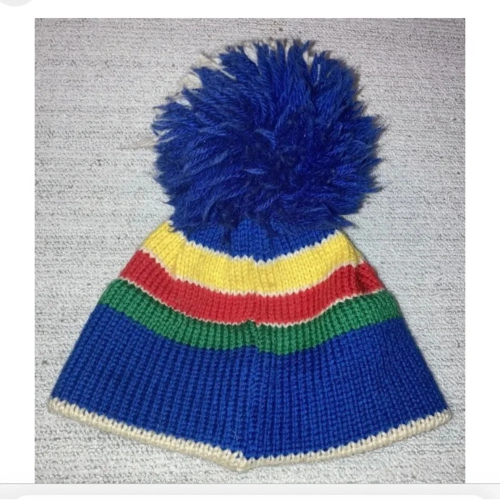 Vintage 70s Boy Rainbow Personalized David Wool Hat Primary Colors Ski Pom Pom